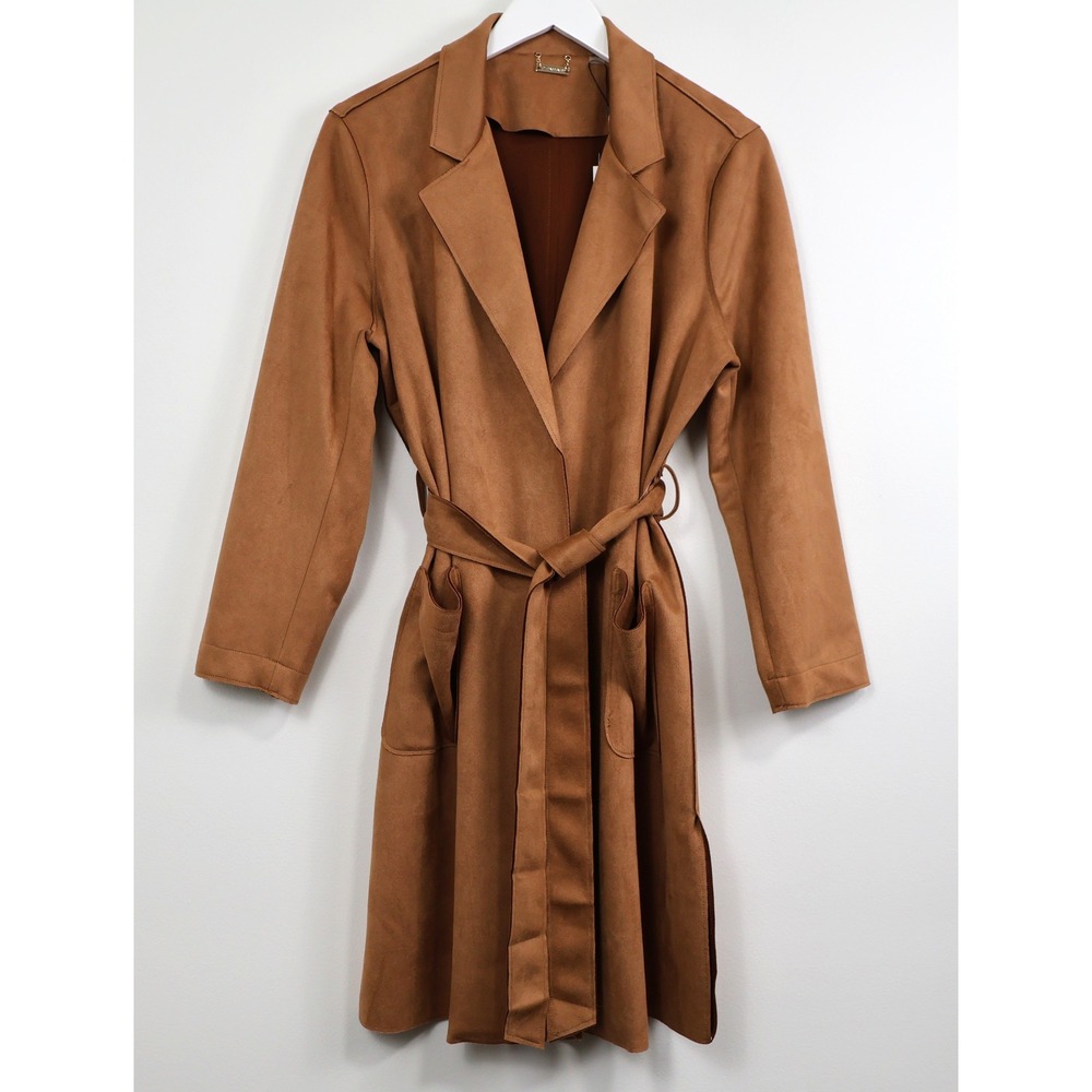 T Tahari Faux Suede Trench Coat Stone Brown Belted Trench Duster Jacket Medium